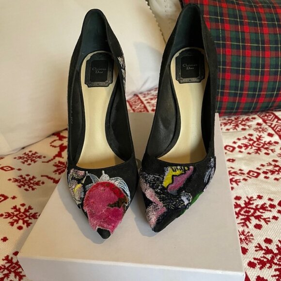 Dior Dior Black Suede Velvet Patch and Embroidered Pumps Size 38 - Picture 1 of 4